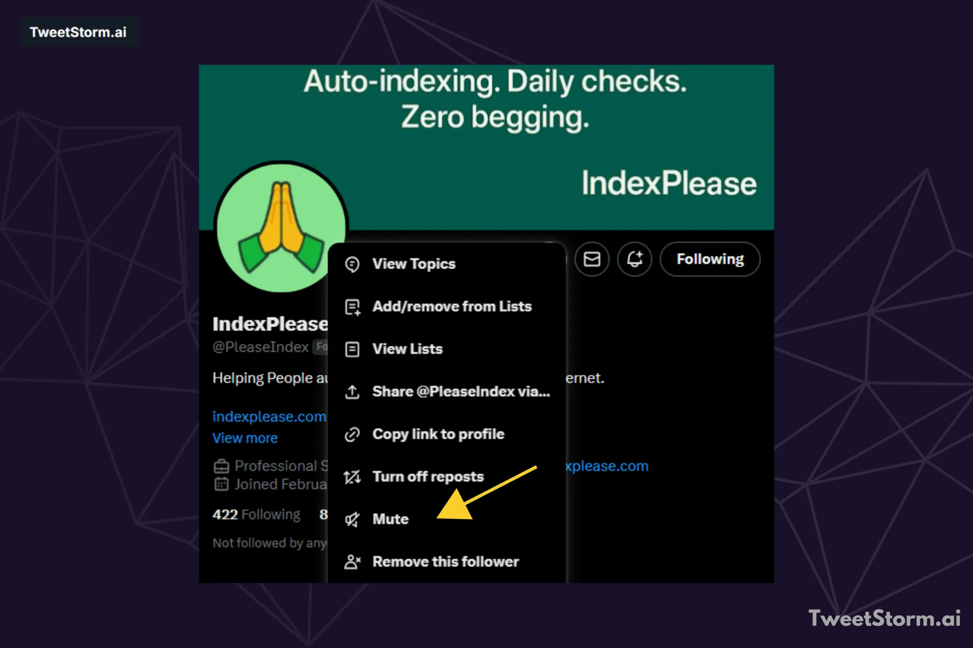 Muting someone on X, TweetStormAI