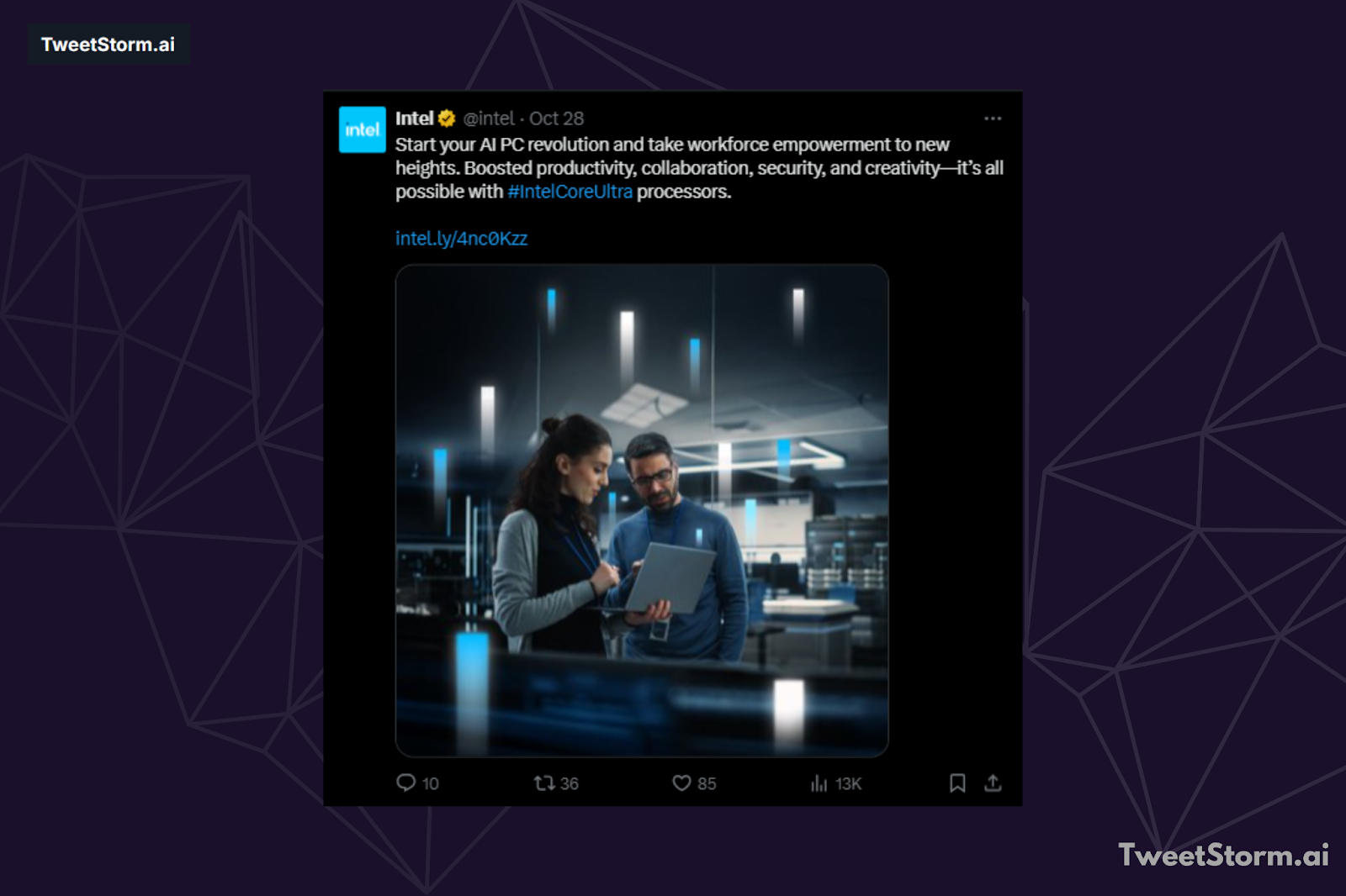 Post by Intel on X/Twitter, TweetStormAI