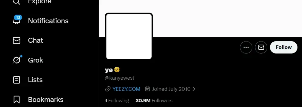screenshot of Kanye Wests Twitter/X Profile, TweetStorm.ai