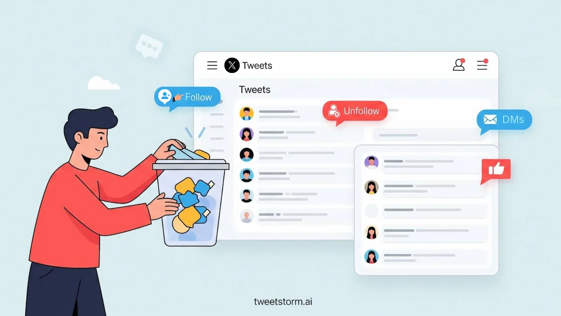 A person holding a bin that contains deleted tweets and an interface that contains lists and icons of follow and unfollows