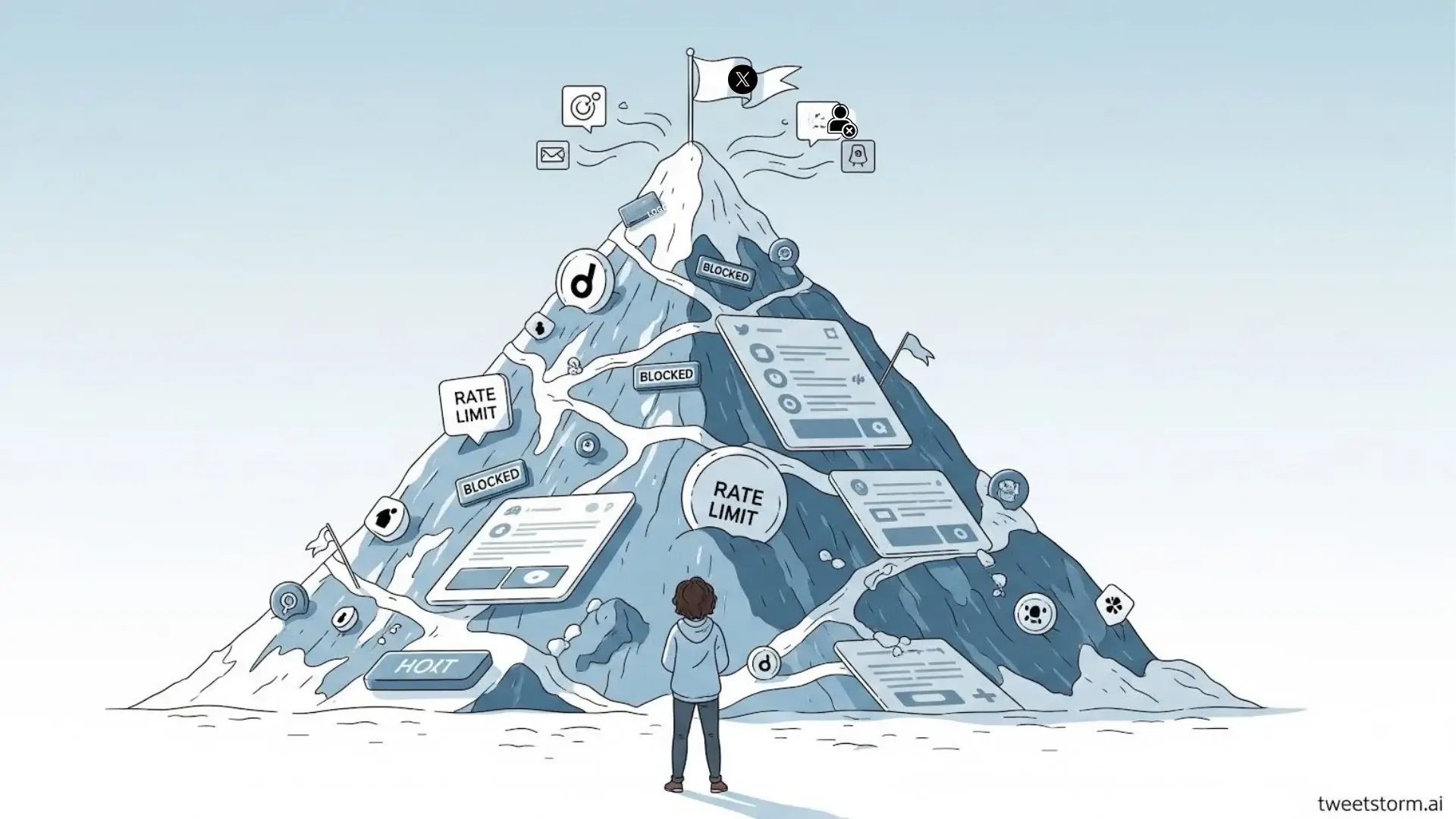 A person standing in front of a mountain looking at different constraints and limitations of Twitter/X