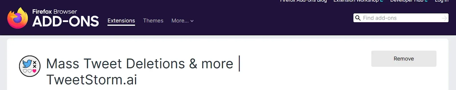 TweetStormAI’s mass action browser extension’s Firefox add-ons page