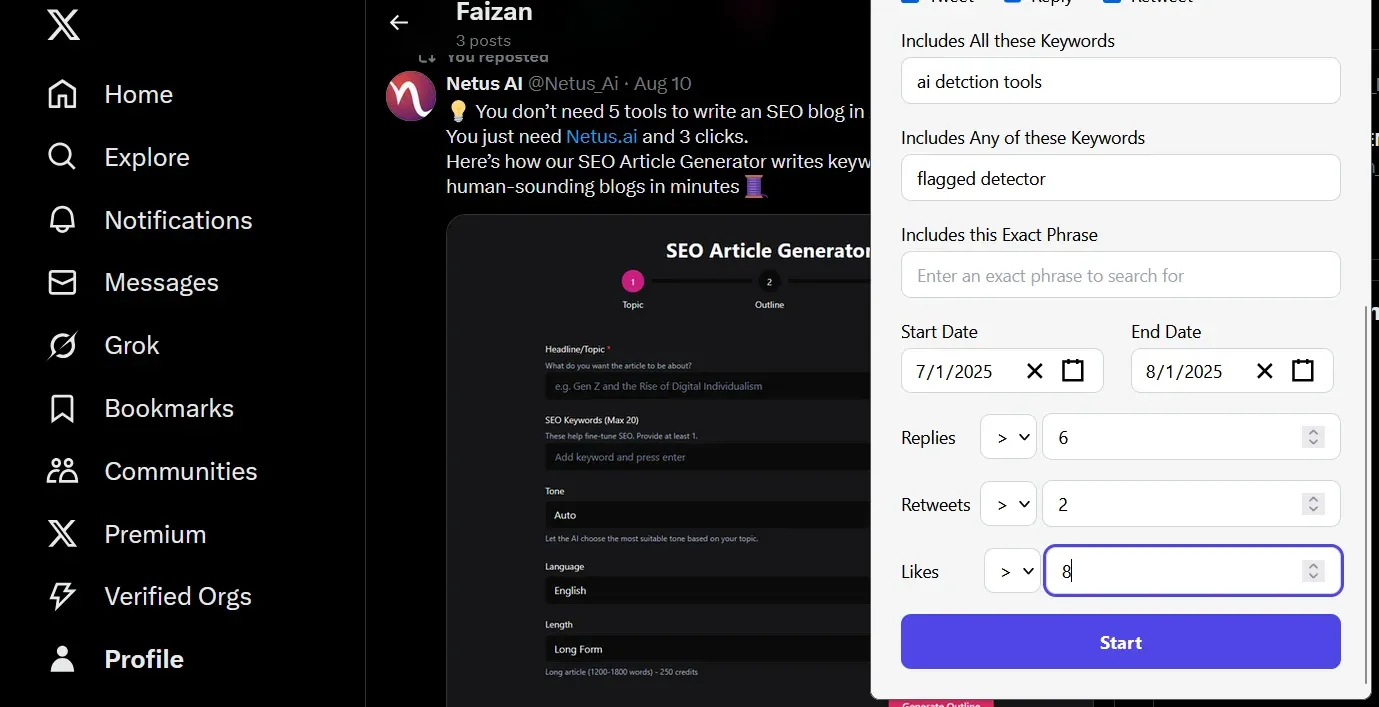 Interface of TweetstormAI’s mass action browser extension with different filters