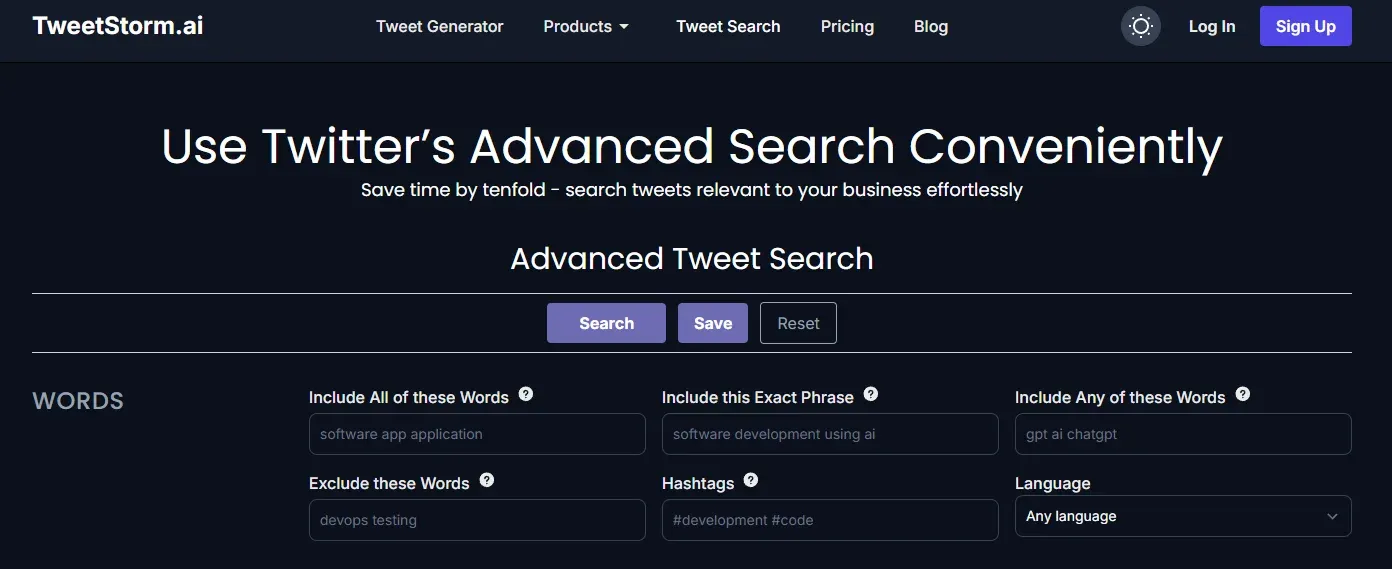 Tweetstorm’s advanced search interface for Twitter/X