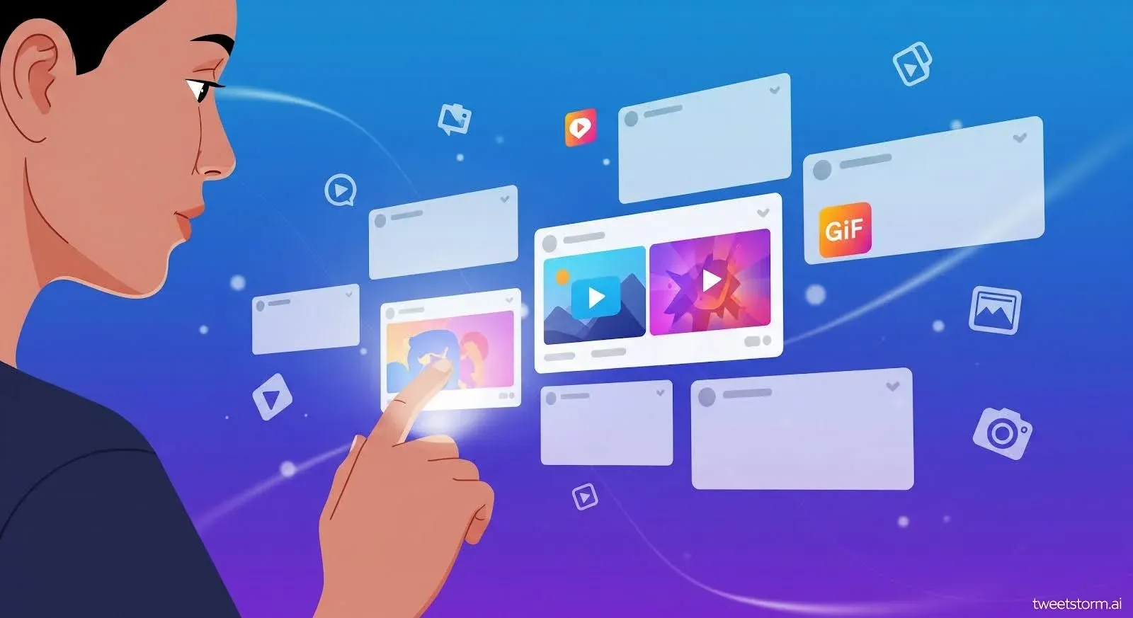 A person interacting with floating media cards containing pictures and thumbnails.