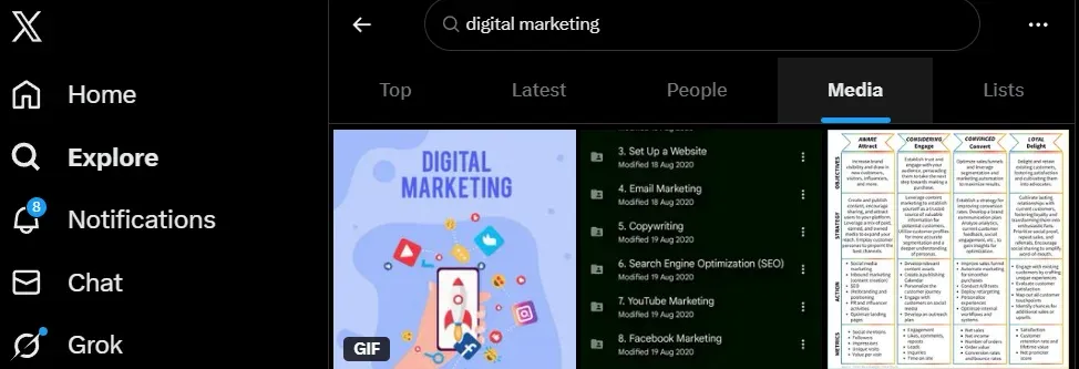 Twitter Media tab showing instant results for a digital marketing search