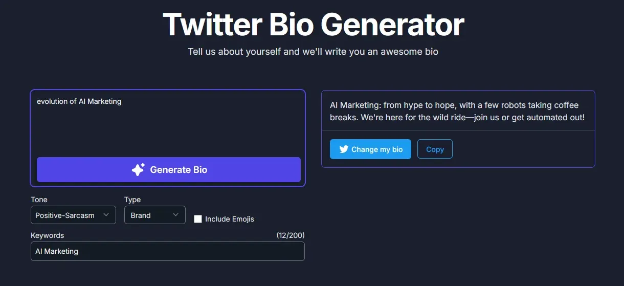 Interface of TweetStormAI’s bio generator page.