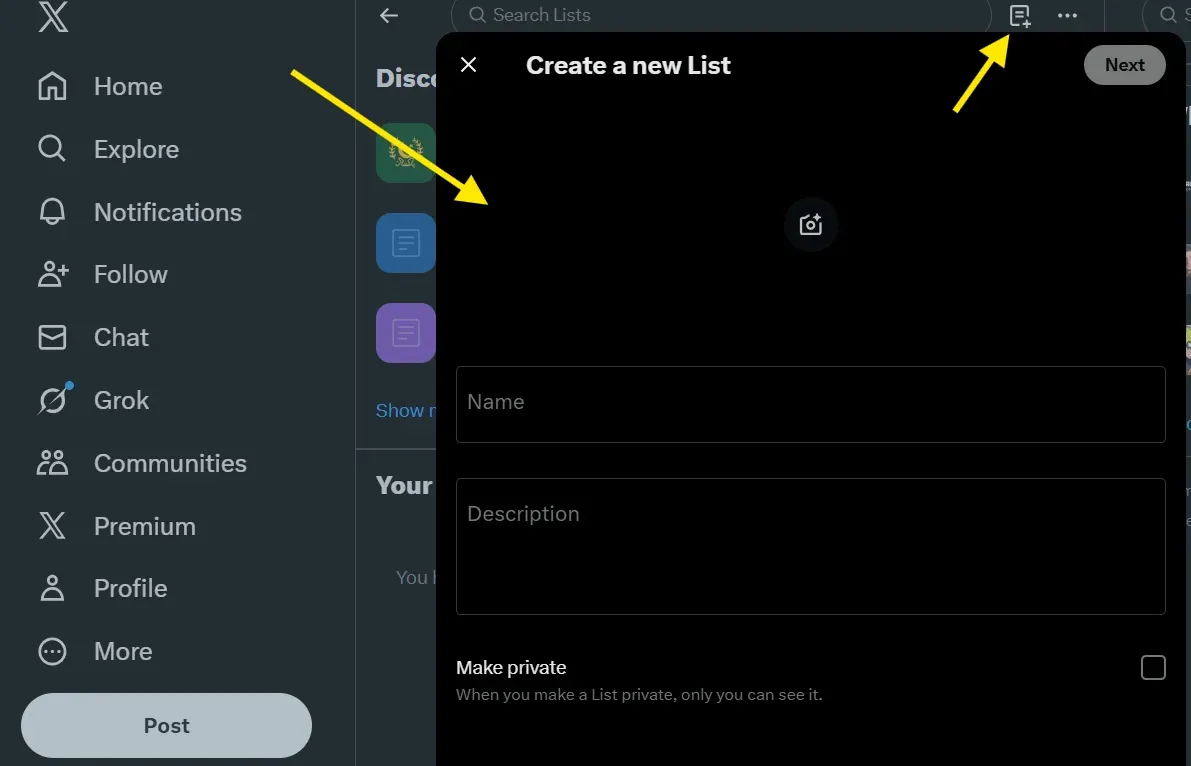 screenshot of creating a list, TweetStorm.ai