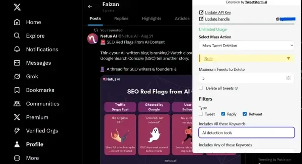 Interface of TweetstormAI’s mass action browser extension. TweetStormAI