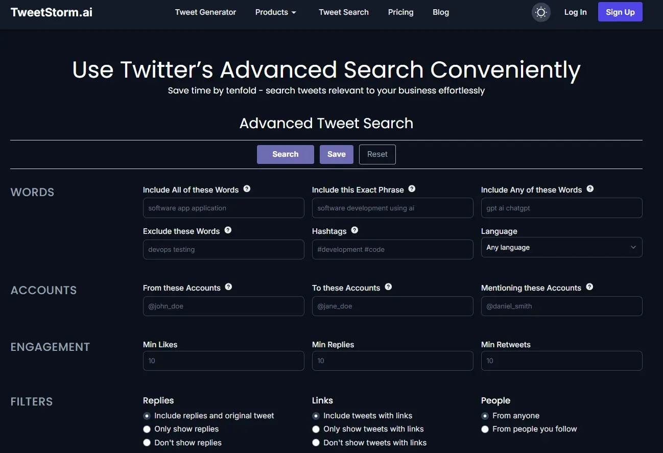 TweetStormAI advanced functions for search, analyze and clean are shown.