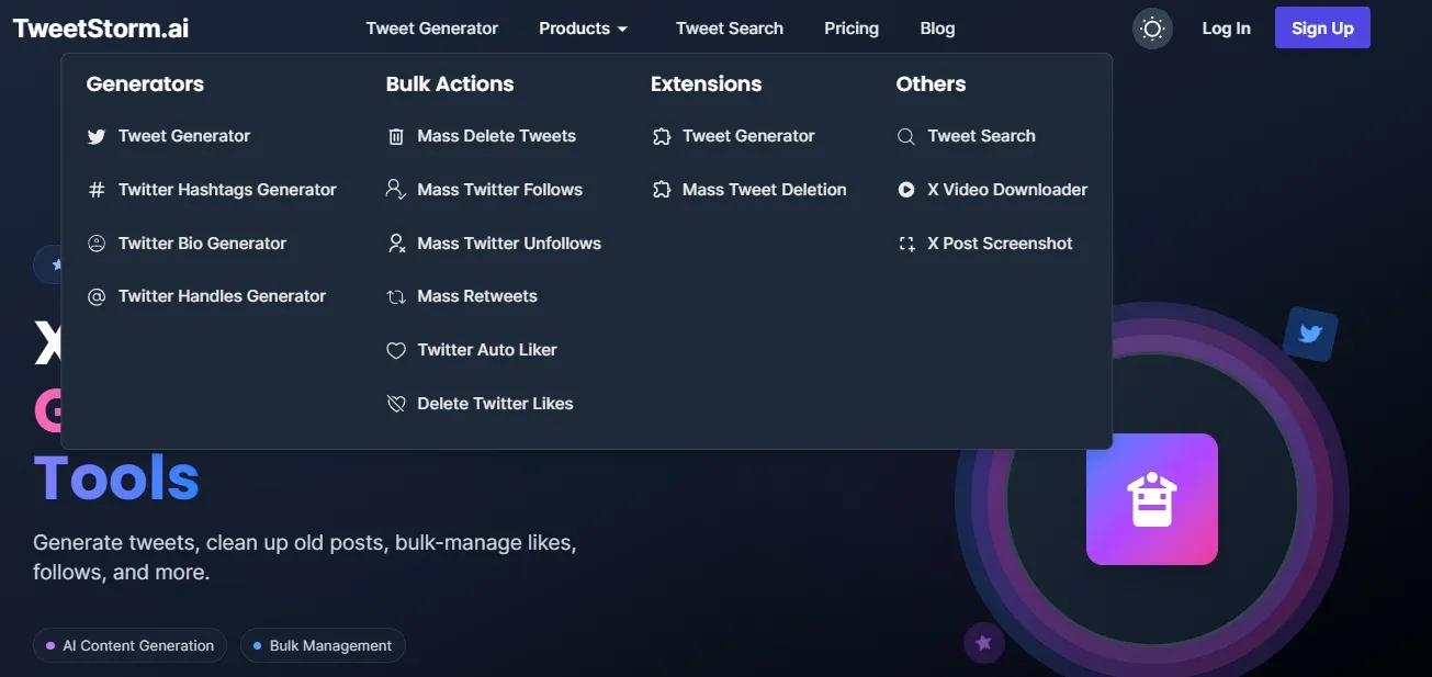 Twitter management tools of TweetStormAI are shown.