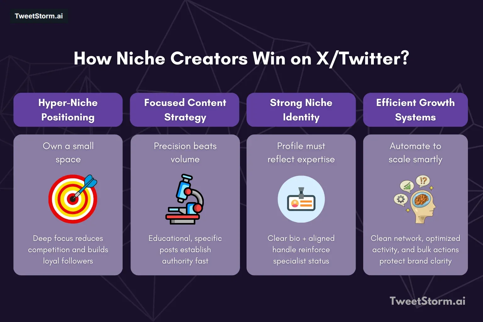 Hyper-niche positioning on Twitter/X is explained. TweetStormAI